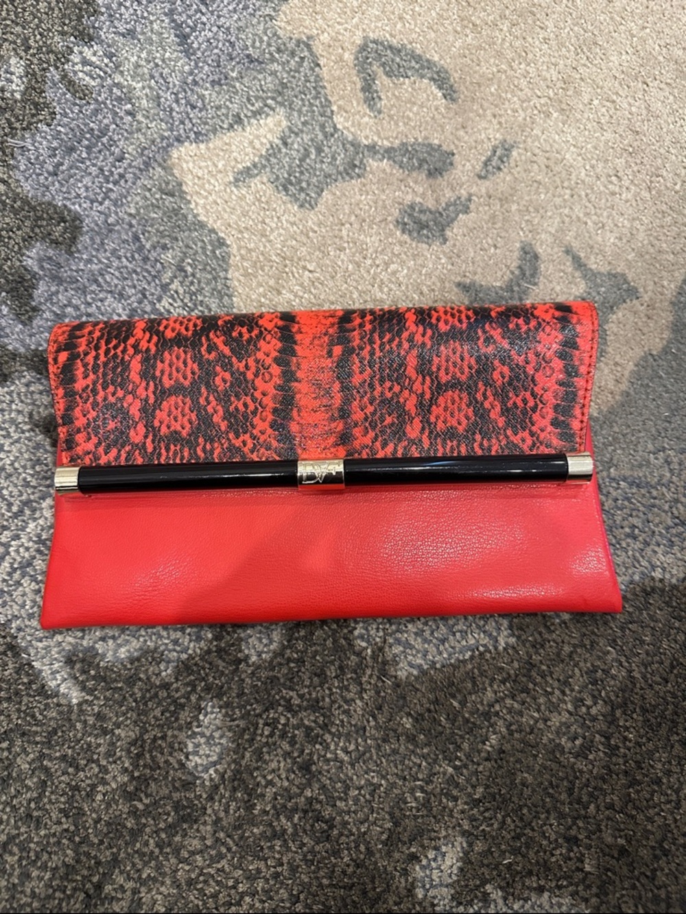 Diane Von Furstenberg Red Snake-Print Foldover Clutch with Black & Gold Accent